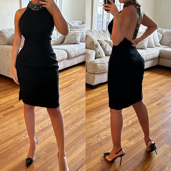 Dresses & Skirts - Elegant Black Midi Dress with Embellished Neckline